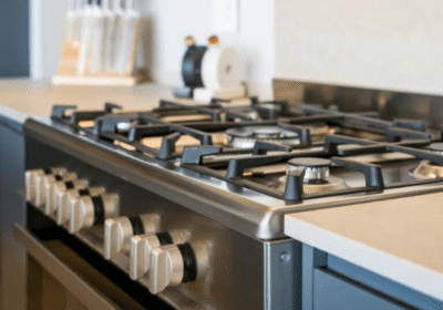 Stainless steel gas range with six burners and cream-colored control knobs beneath a light kitchen countertop.
